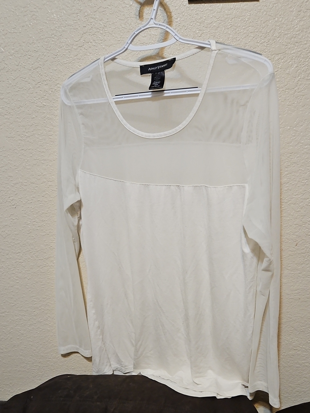Ashley Stewart Cream Semi-Sheer Panel Long Sleeve Top